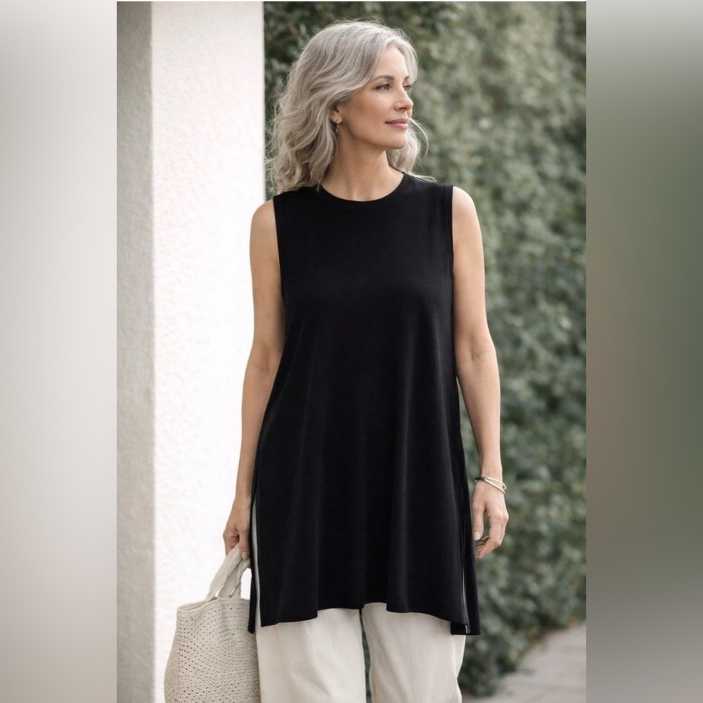 Eileen Fisher Womens Tunic Top XXS Black Minimalist Sleeveless Stretch Jersey